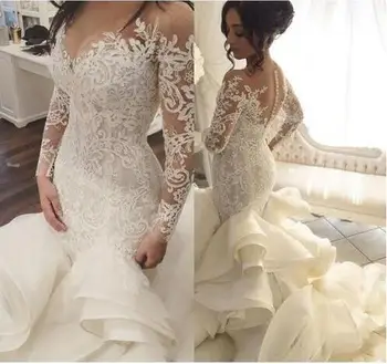 

Saudi Arabic Meramid Wedding Dress Full Sleeves Illusion Back Covered with Buttons Tiered Ruffles Bridal Gowns Plus Size Vestido