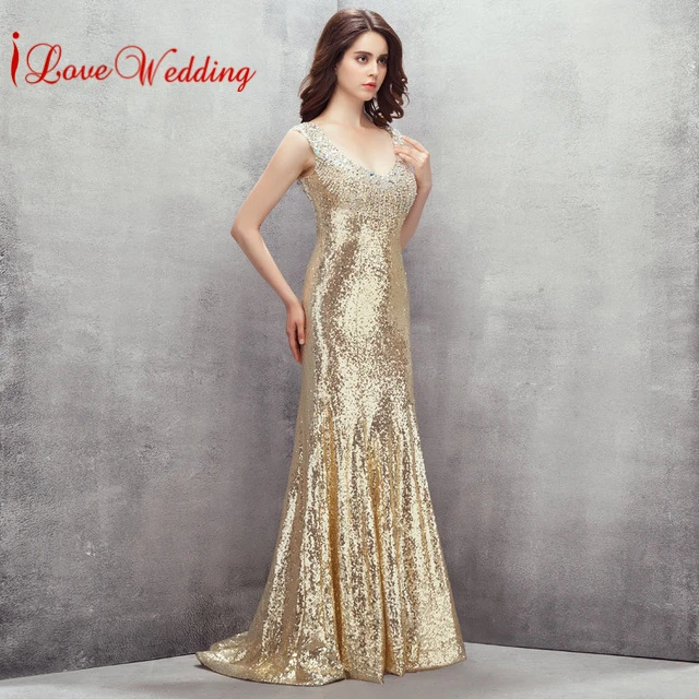 Ilovewedding Сексуальная Глод Блёстки длинное вечернее платье Кристаллы из бисера Robe De Soiree See Through Назад Фактические изображения Праздничное