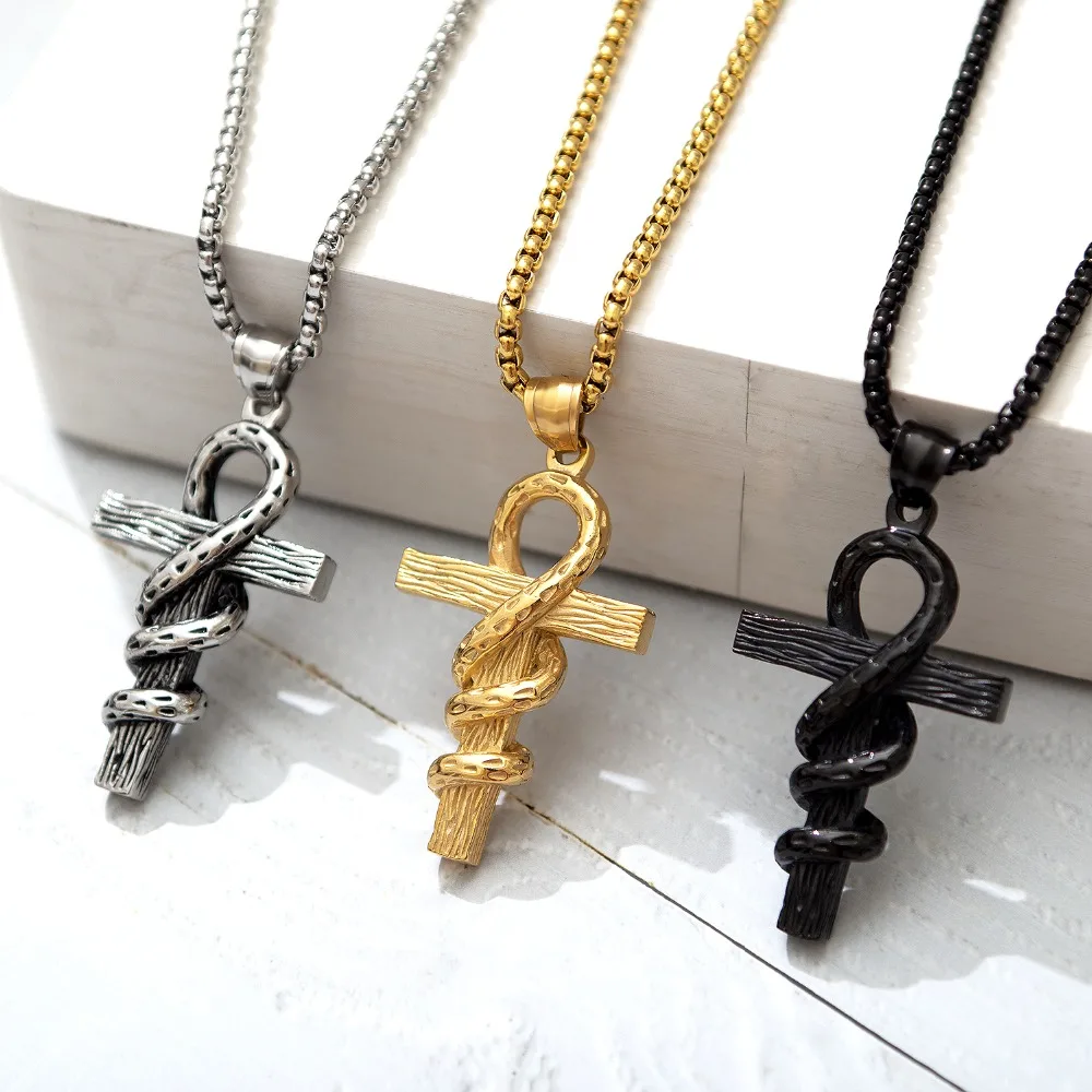 

FATE LOVE Fashion Jewelry Stainless steel Egyptian Ankh Crux Ansata Cross Novelty Snake Shape Men Necklaces & Pendants
