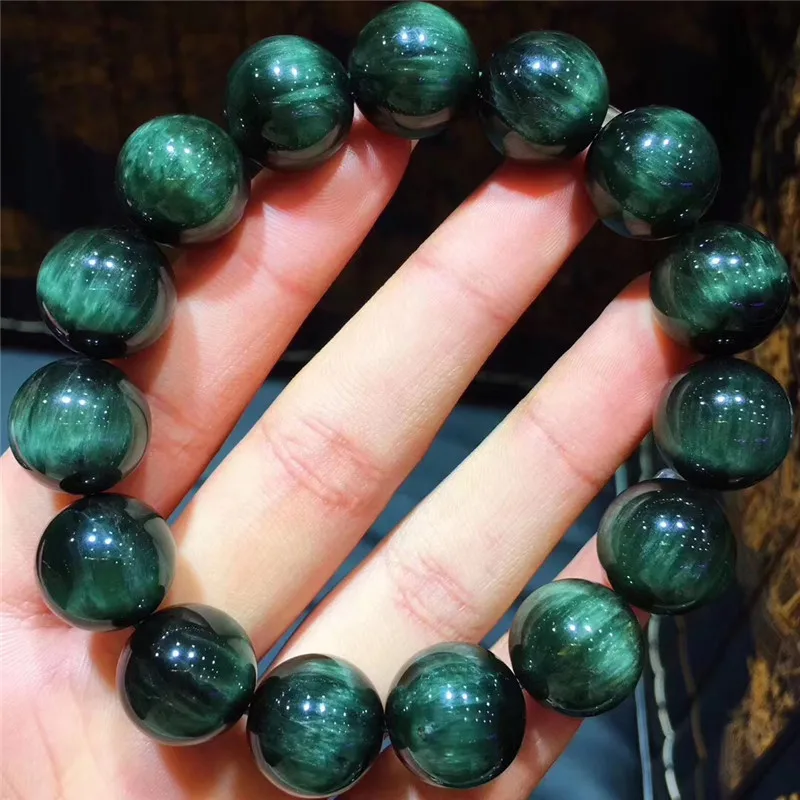 

14mm Natural Stone Green Hair Rutilated Quartz Crsytal Bracelet Women Men Cat Eye Effect Anniversary Gift Round Beads Charms