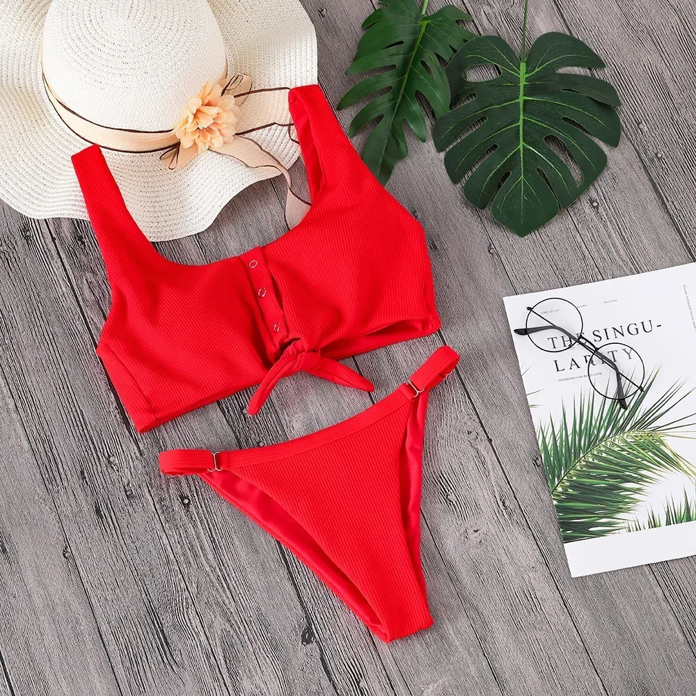 Seazea Sexy sólido dos piezas Bikinis mujeres bordadas botón traje de