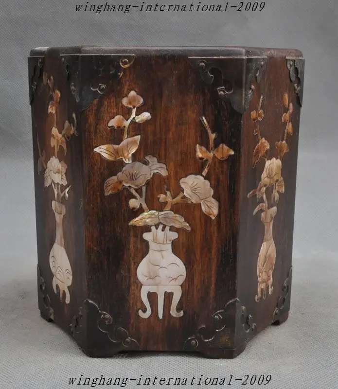 

Crafts statue Old Chinese Huanghuali Wood Inlay Shell Flower Vase brush pot pencil vase jar halloween