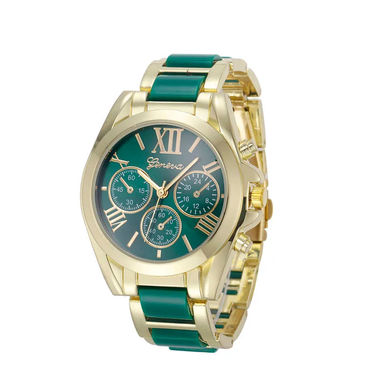 Роскошные Брендовые женские часы Geneva, Кварцевые аналоговые наручные часы с золотым ремешком, римскими цифрами, циферблатом, Relogio Feminino, 10 цветов - Цвет: Зеленый