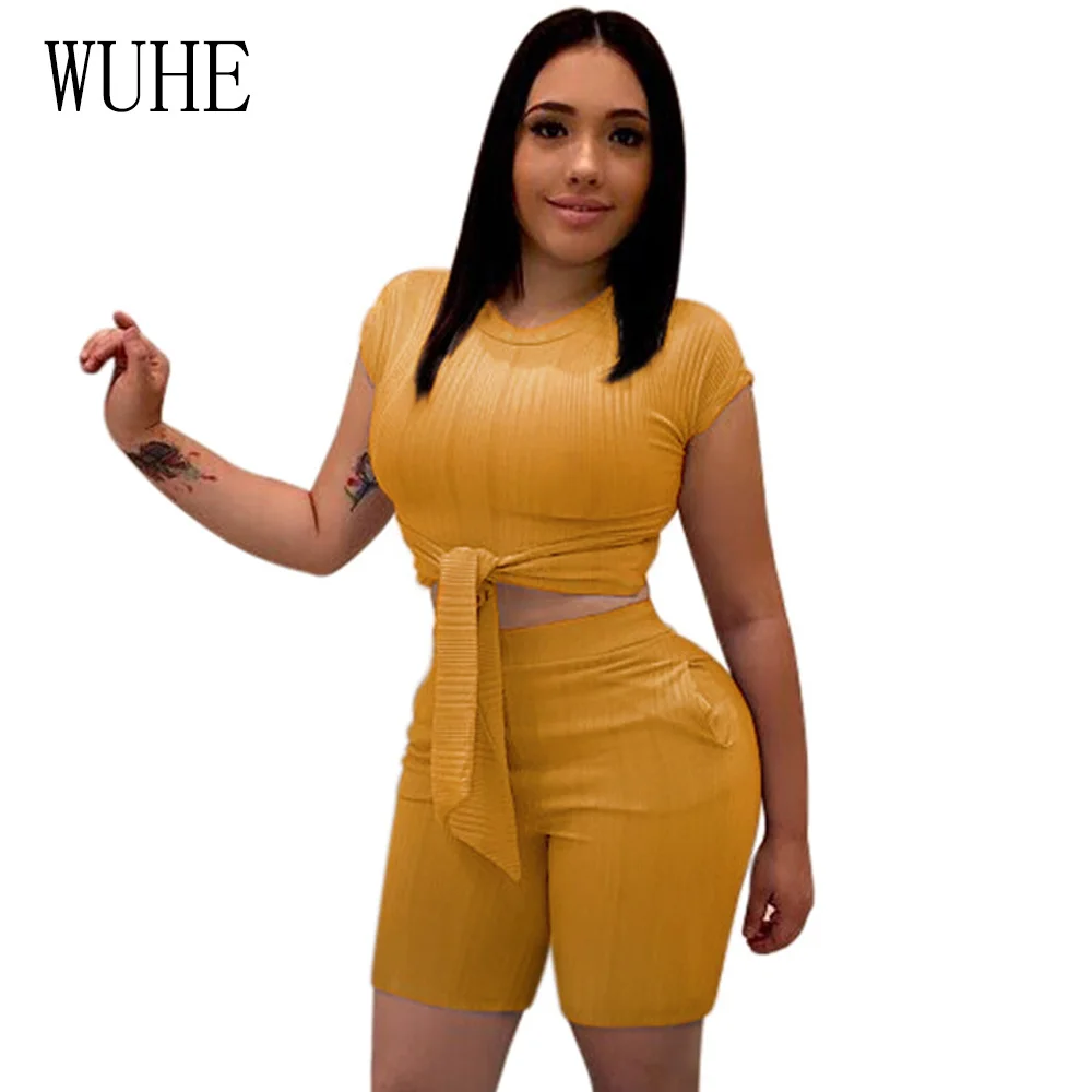 

WUHE Summer Two Piece Set Women Playsuit Sexy Short Sleeve Crop Top And Shorts Suit Lace Up Bandage Rompers Jumpsuit Overalls
