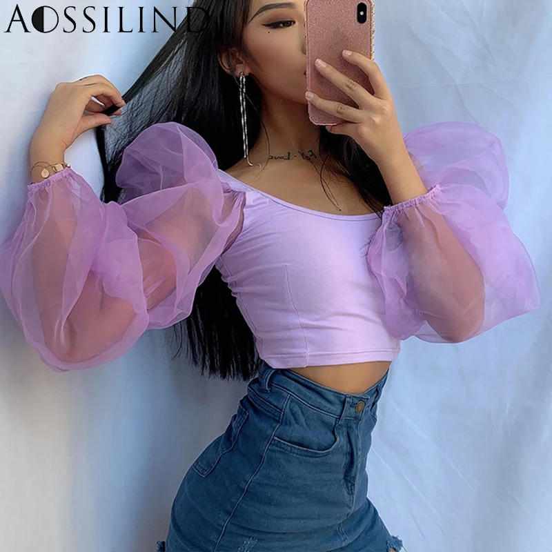 AOSSILIND пикантные сетчатые с пышными рукавами лоскутные кроп топы для женщин 2019