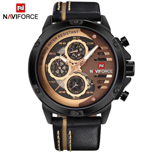 black brown NAVIFORCE мужские s часы лучший бренд класса люкс водонепроницаемые кварцевые часы с датой мужские кожаные спортивные наручные часы мужские водонепроницаемые часы Прямая поставка - Цвет: black brown