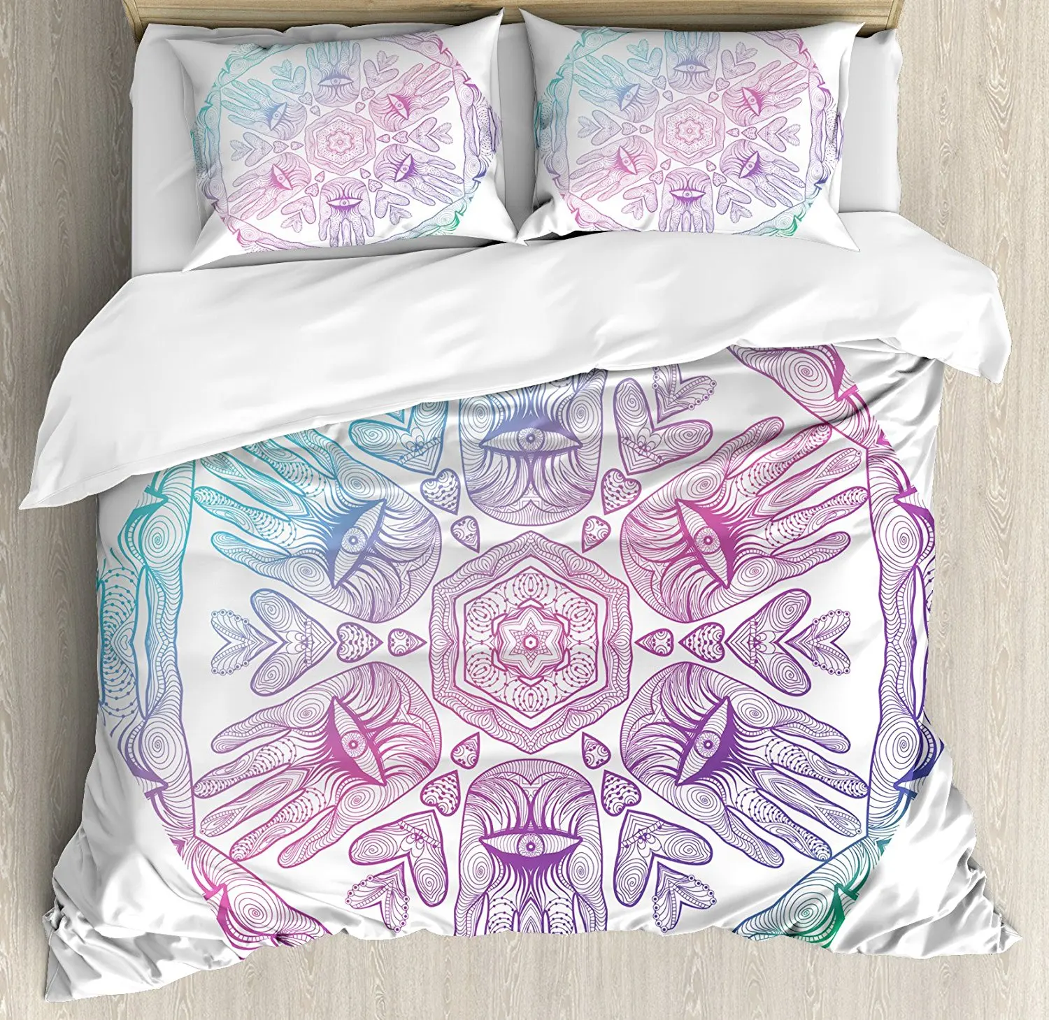 Hamsa Duvet Cover Set Evil Eye Themed Boho Ombre Color Pattern