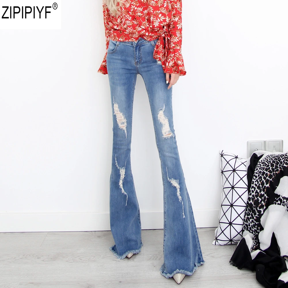 Plus Size S-4XL Vintage Flare Jeans Slim Women Long Bell Bottom Jeans New Hole Ripped Jean For Women Mid Waist Denim Jearn C1981