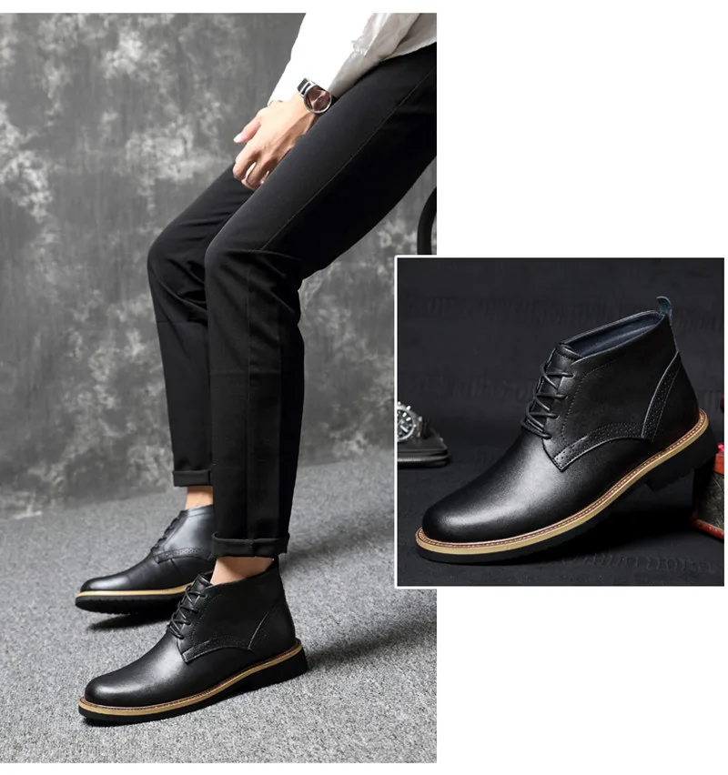 Ботинки из натуральной кожи размера плюс 38-48 Мужская обувь повседневные мужские Ботильоны рабочая обувь черные плюшевые зимние ботинки на меху для мужчин PI