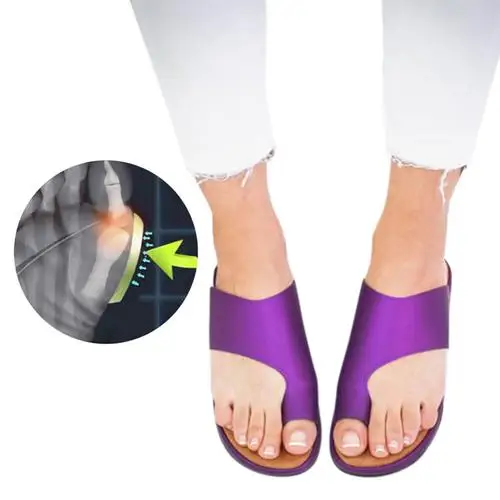 Повседневная женская обувь из искусственной кожи; ортопедические удобные женские сандалии на плоской подошве с коррекцией стопы с большим носком - Цвет: Пурпурный
