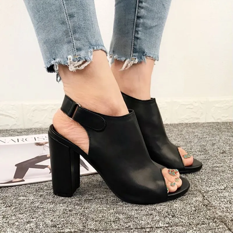 

EOEODOIT Women Peep Toe Pumps Shoes Spring Summer High Square Heel Leather Pumps Sandals Solid Black Leather Heels Shoes 2019