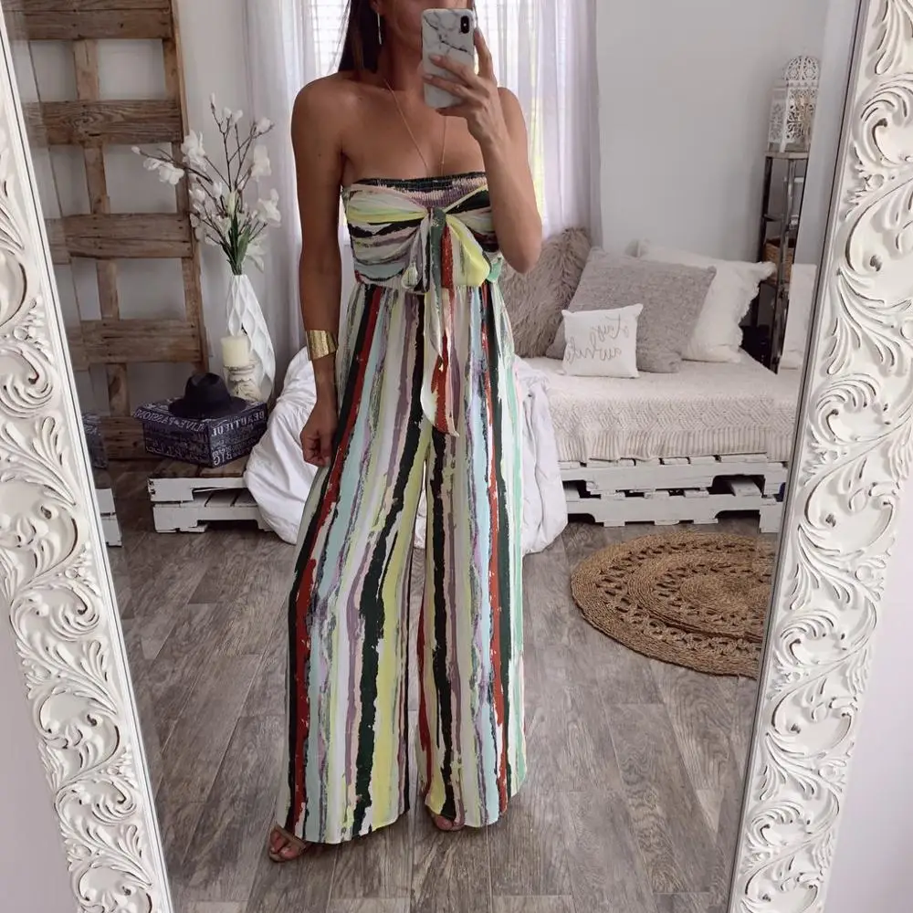 Fashion Striped Off Shoulder Jumpsuits Women Print Blackless Summer Ladies Rompers Bow Casual Overalls Loose Beach Playsuit Fashion Striped Off Shoulder Jumpsuits Women Print Blackless Summer Ladies Rompers Bow Casual Overalls Loose Beach Playsuit