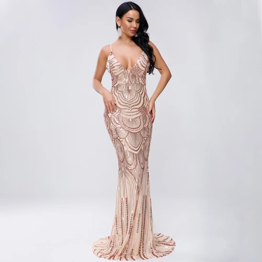 Винтажная Вечеринка Сексуальное Женское платье с блестками Глубокий v-образный вырез открытая спина Спагетти ремень знаменитое облегающее платье платья оптом - Цвет: Золотой