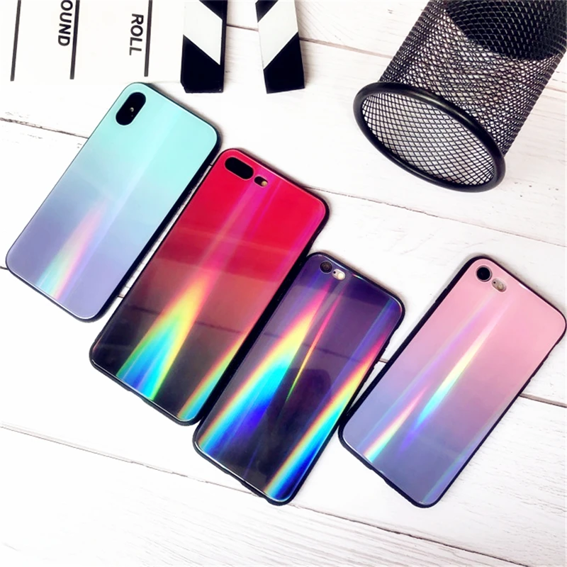 BONVAN For iPhone X 7 8 Plus Tempered Glass Back Case Gradient Color Laser Aurora Silicone Bumper For iPhone 7 6S 8 6 Plus Cover19