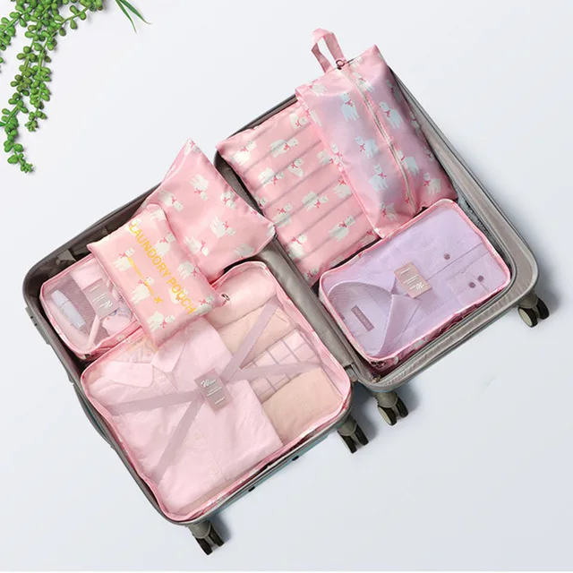 XYLOBHDG New High capacity 7pcs/set Travel Suitcase Organizer Bag Women Men Clothes Partition Arrange Storage Luggage Bags - Цвет: Pink alpaca