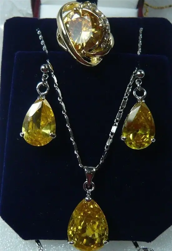 

New Design Yellow Crystal Silver Plated Earrings Ring(#7.8.9)Pendant Jewelry Set 5.23