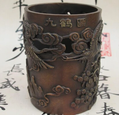 

xd 003210 Chinese Palace fengshui Bronze Nine Crane Drawing Vase Pen Case Brush Pot