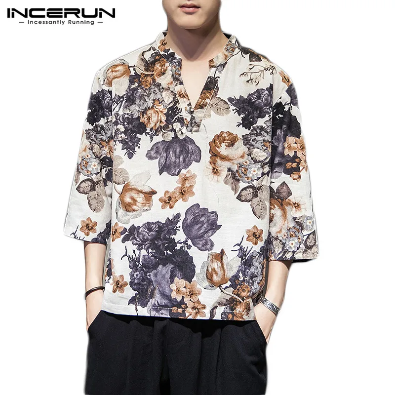 Мужская футболка INCERUN в этническом стиле, хлопковая футболка с коротким рукавом, Винтажная футболка с цветочным принтом и v-образным