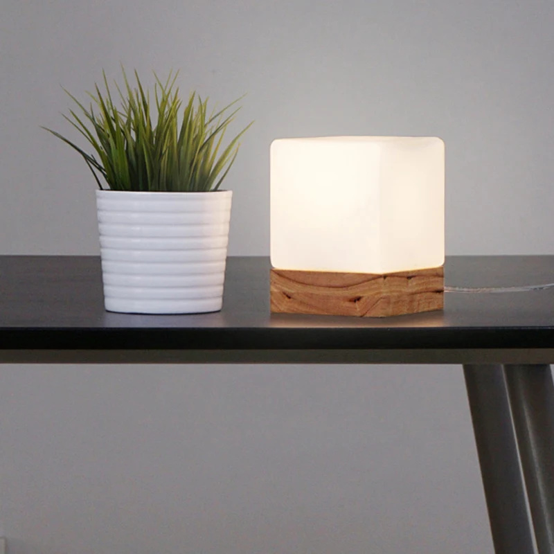 Cubi Table Lamp Cubic Frosted Glass Shade Oak Wood Base Desk Light