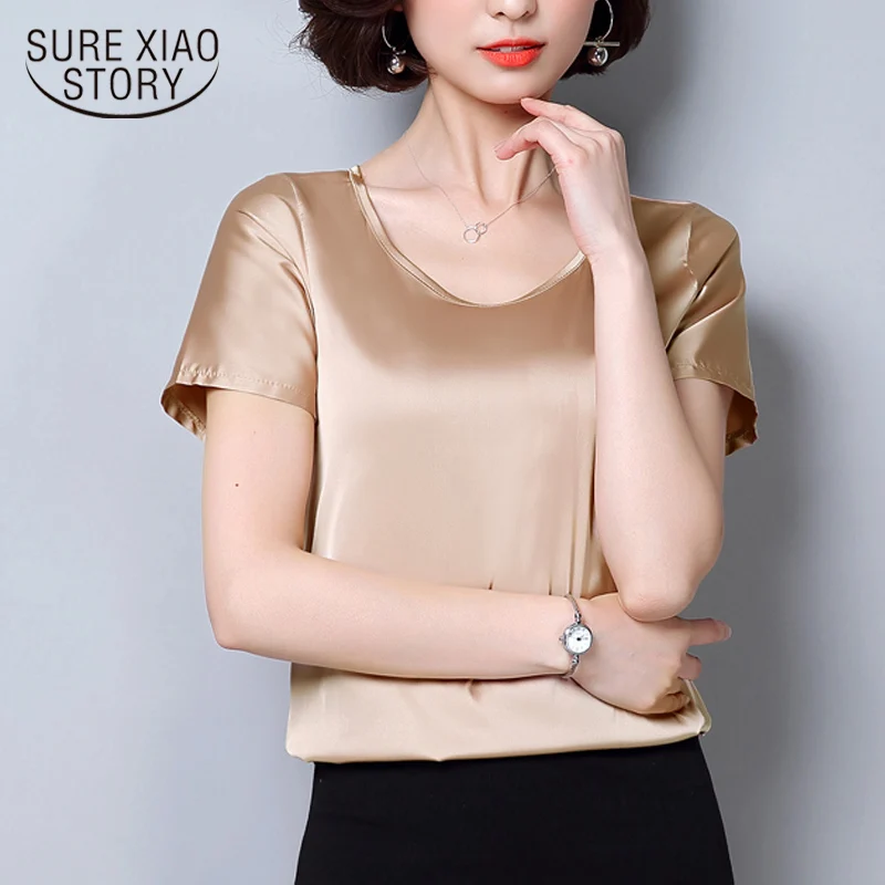 womens tops and blouses2018 women shirts plus size Silk O-neck sling top satin short sleeve stretch Solid blouse 2126 50
