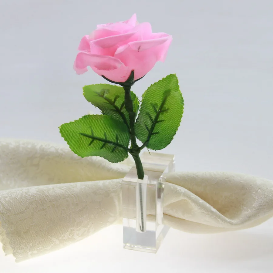 

free shipping clear square acrylic napkin ring with flower vase, flower vase napkin holder