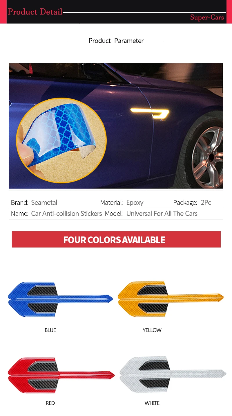 1 2pcs Reflective Strip Car Stickers Reflective Tape Carbon Fiber Door Warning Luminous Sticker Night Safety Security Accessories