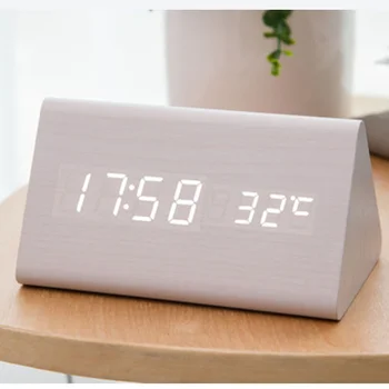 

Wooden LED Alarm Clock Sound Control Desktop Digital Clocks with Temperature Electronic Display Thermometer Home Decor Gift