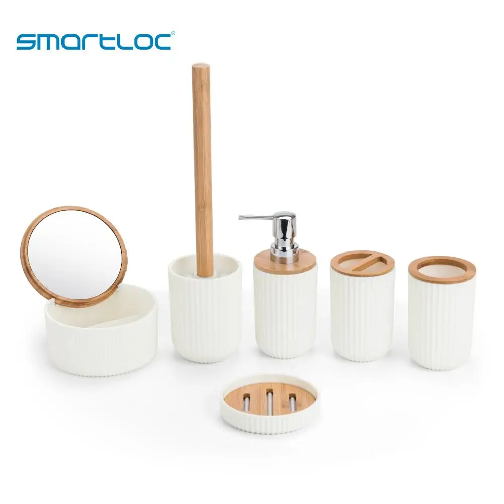 Smartloc البلاستيك الخيزران ملحقات الحمام مجموعة حمام فرشاة الأسنان حامل فرشاة المرحاض موزع الصابون طبق ماكياج المنظم مرآة