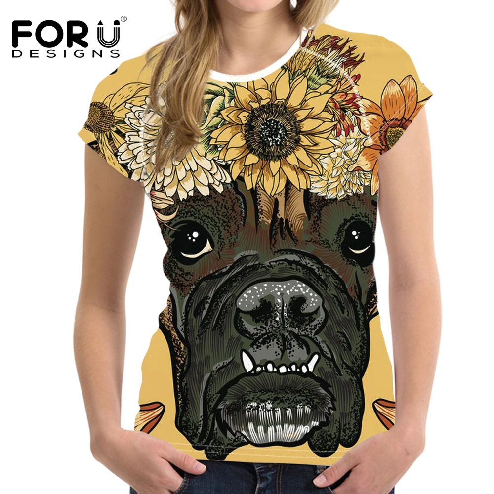 

FORUDESIGNS Daisy Boxer Print T Shirt Women Harajuku Short Sleeve T-shirt Female Flower Pattern Fashion Tee Shirt for Teen Girl