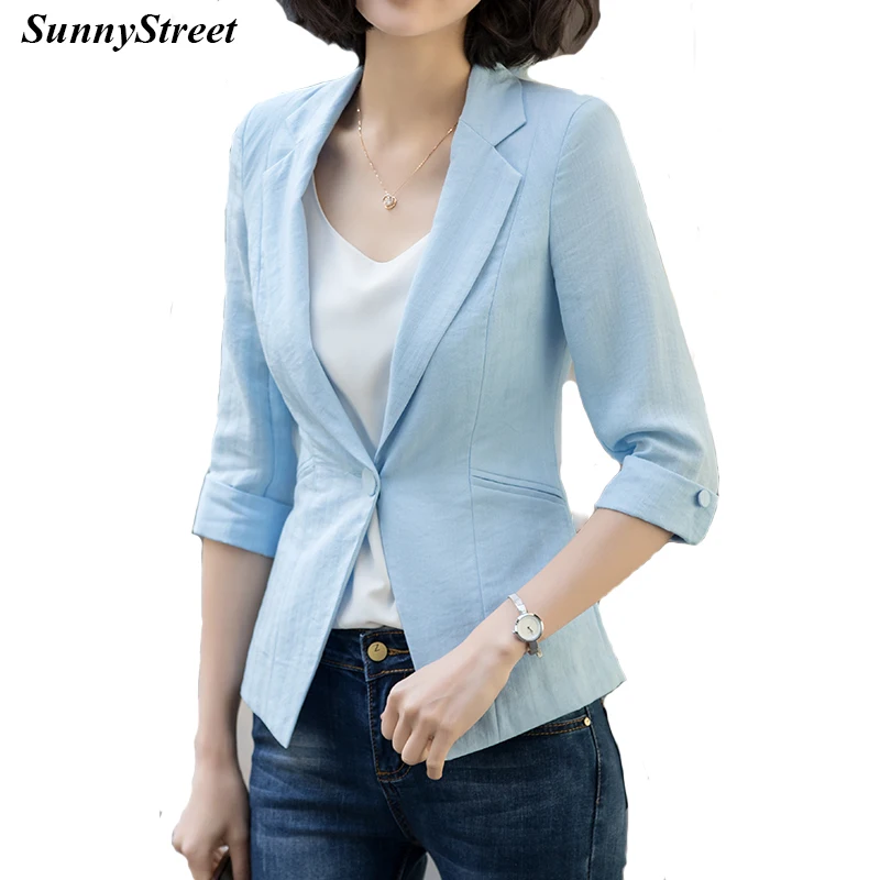 Ladies Blazer Work Wear Linen Half Sleeve Black Blue White Women Outer