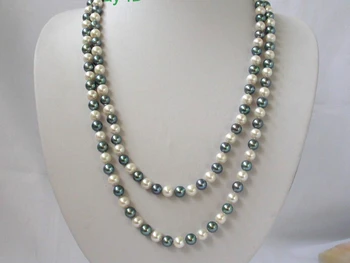 

shipping>>>>stunning long 50" 9mm round white peacock black freshwater pearls necklace j241