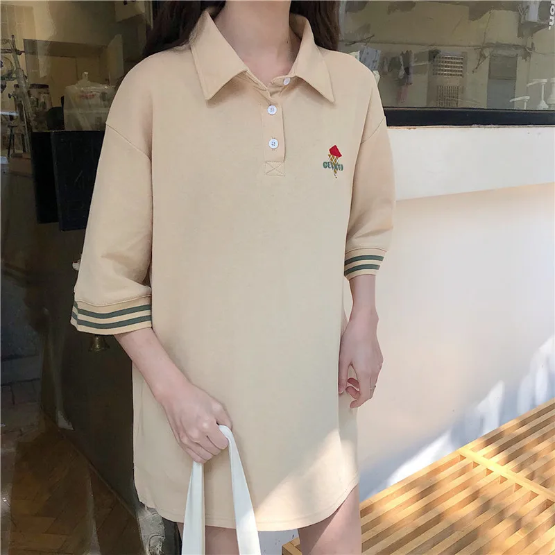 Летние женские рубашки-поло Ins с отложным воротником, с короткими рукавами, милые студенческие Свободные повседневные топы с вышивкой, большие размеры