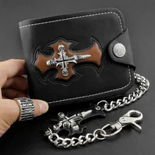 Мужской рок панк металлический крест и череп деньги черный кожаный кошелек на молнии с цепочкой