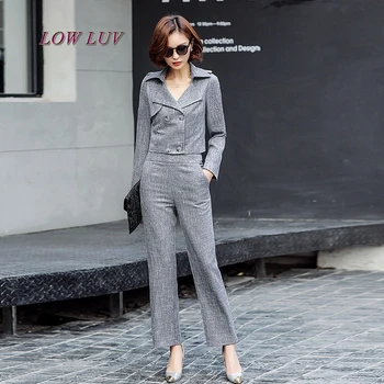 

2017 Women's suit spring and summer new casual fashion women's suit double-breasted solid color shirt + pants two-piece suit
