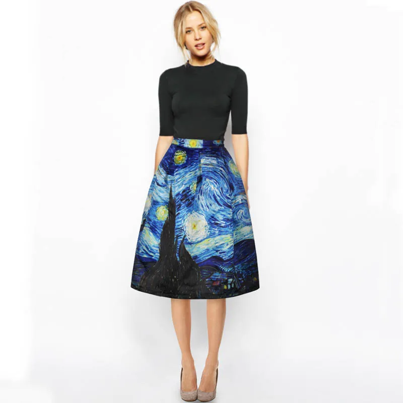 

NORMOV Vintage Ball Gown Skirt Womens Fashion High Waist Midi Skirts Van Gogh Painting Clouds Printing Maxi Skirt Femme Saias
