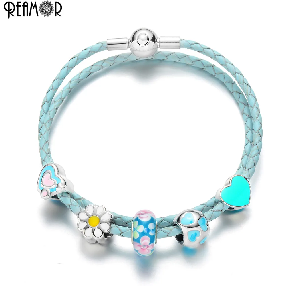 

REAMOR Light Blue Genuine Leather Braided Women Charm Bracelets Heart Flower Beaded Bracelet Jewelry Rope Chain Bracelet Femme