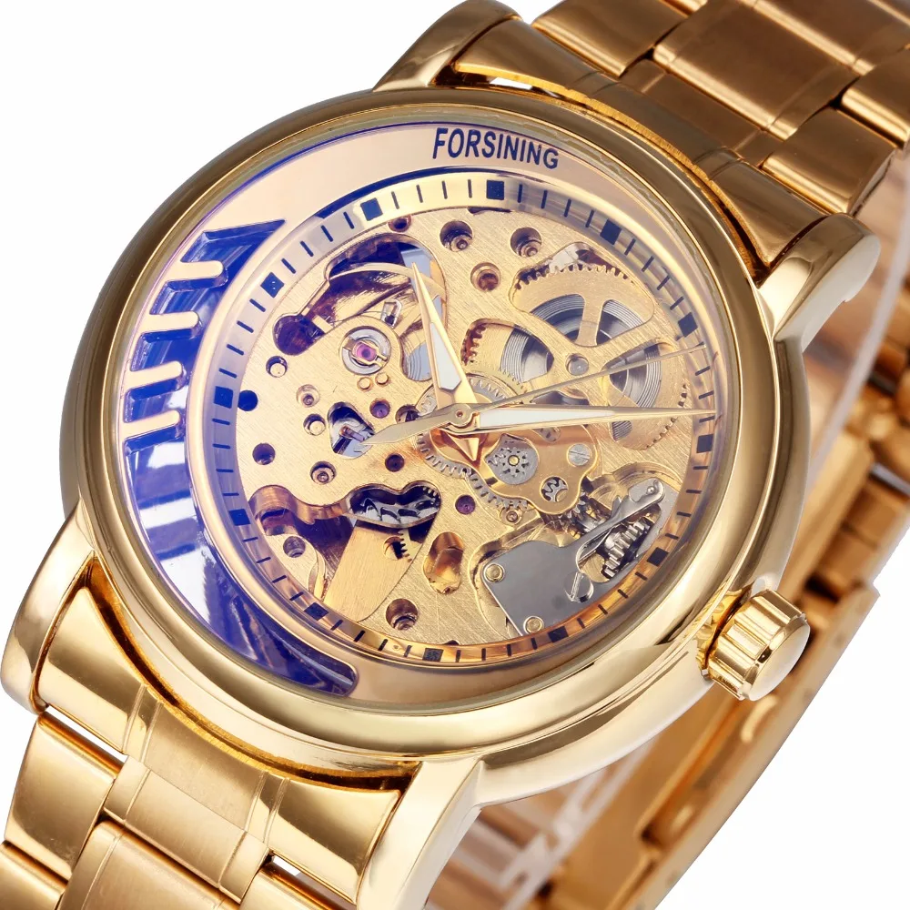 FORSINING королевские Золотые механические часы для мужчин ремешок из нержавеющей