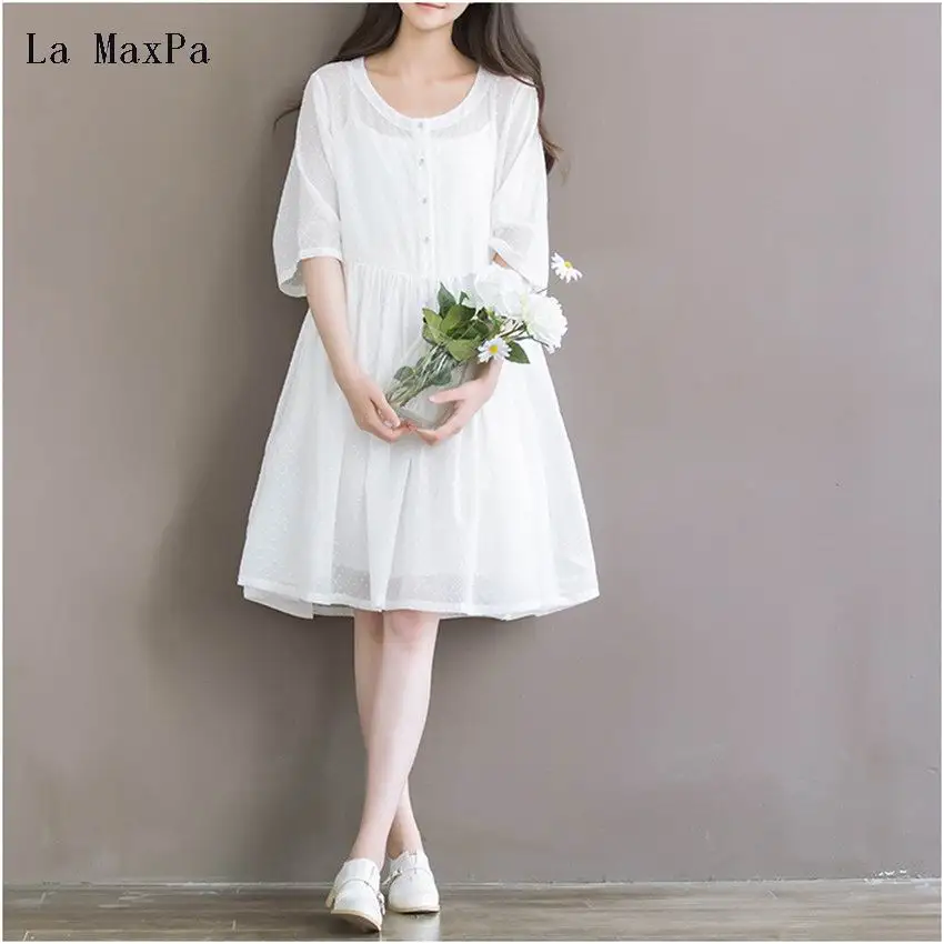 

La MaxPa 2018 Summer Chiffon Dress White Color High Waist Women Dress Half Dress O Neck Two Pieces Cotton Dress Size S-2XL