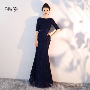 

wei yin Navy Blue Flowers Lace Half Sleeves Mermaid Evening Dresses Muslim Fashion Elegant Tulle Evening Gowns 2019 WY837