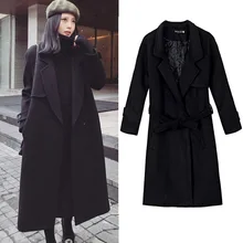 jacket womens Belt Waist Slim Longline black Trench Coat 2016 Winter Casual Elegant Long Sleeve Coats Women