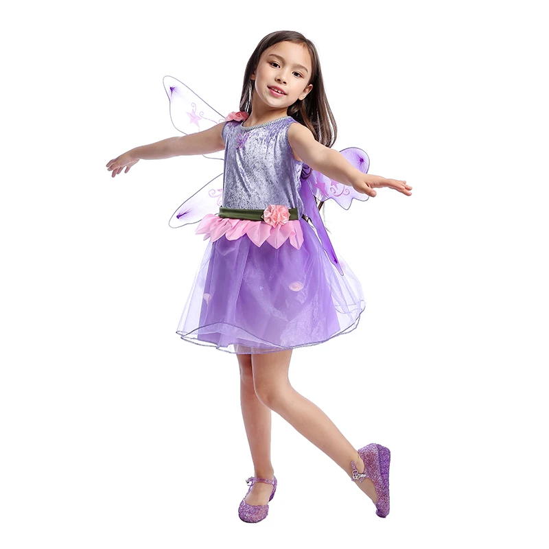 Очаровательное фиолетовое платье феи с бабочкой для девочек; платье феи с цветочным принтом; Детский костюм в стиле Хэллоуин для вечеринки