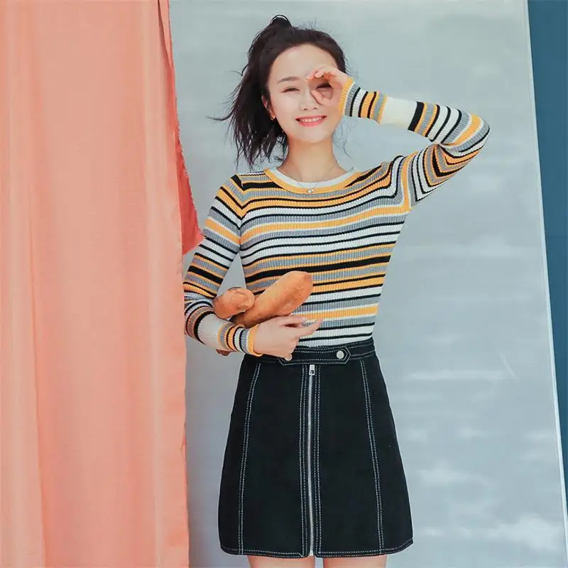 

Women's Sweaters Lady Kawaii Ulzzang Autumn Color Striped Long Sleeve Sweater Female Vintage Harajuku Cute Pullover For Women