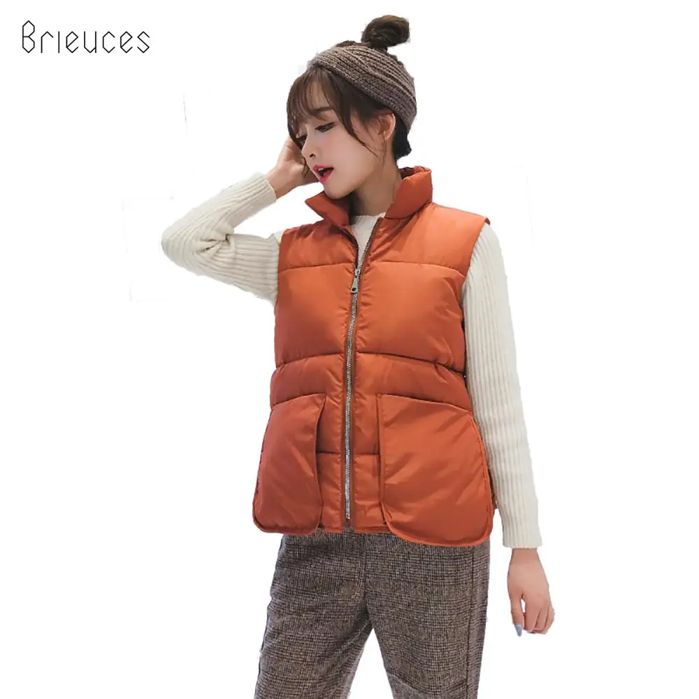 

Brieuc 2018 cotton padded autumn women winter vest solid short Mandarin Collar sleeveless zipper waistcoat out pocket female