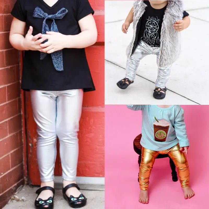 

New Autumn Fashion Skinny Slim Gold Black Silver Kid Leather Pants Girl Legging Baby Girls Boys Pants baby girl leggins
