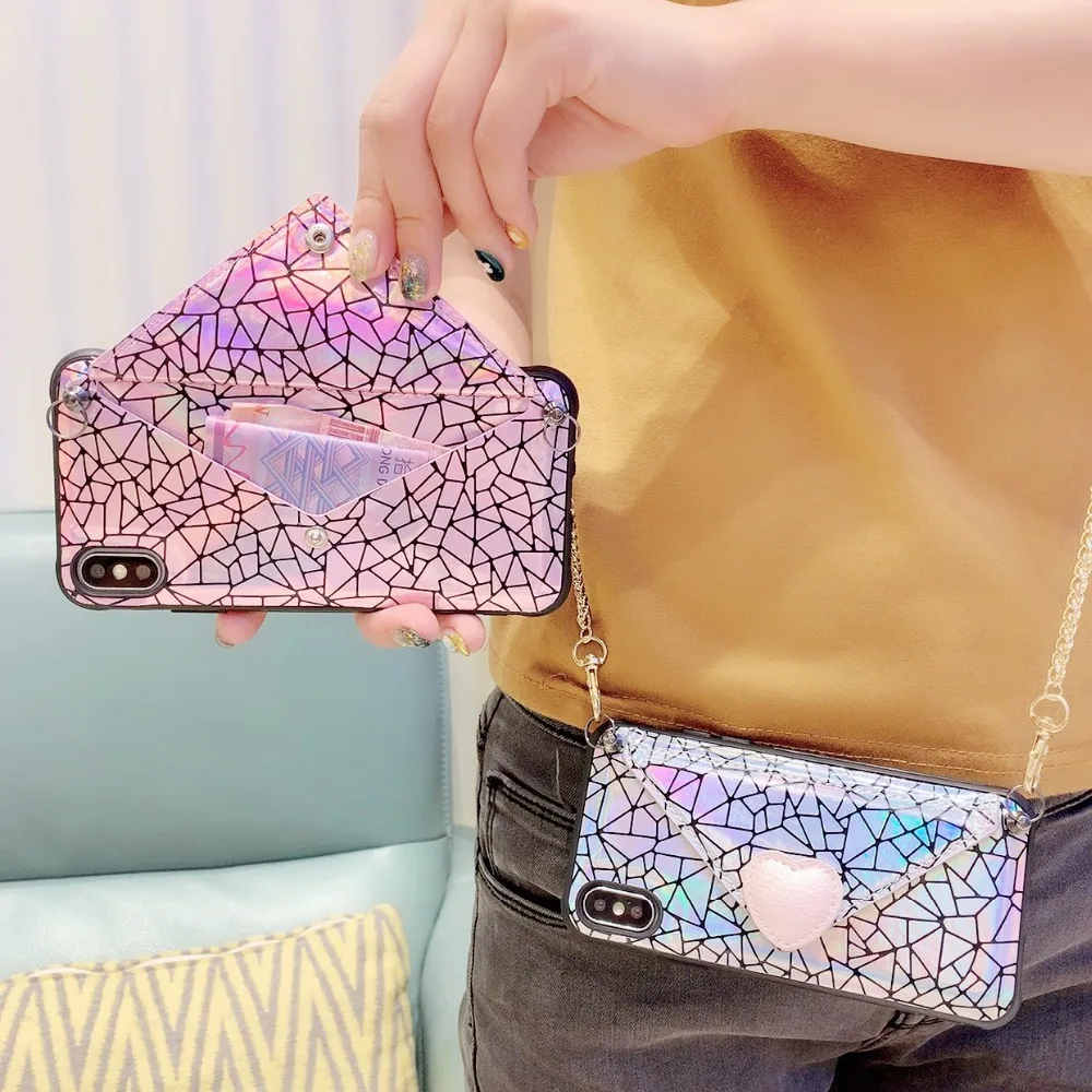 Cases For iPhone X Xr Xs Max Case Korean Laser Love Heart Flip Leather Stand Wallet Neck Strap Case For iPhone 7 8 6S Plus Cover (16)