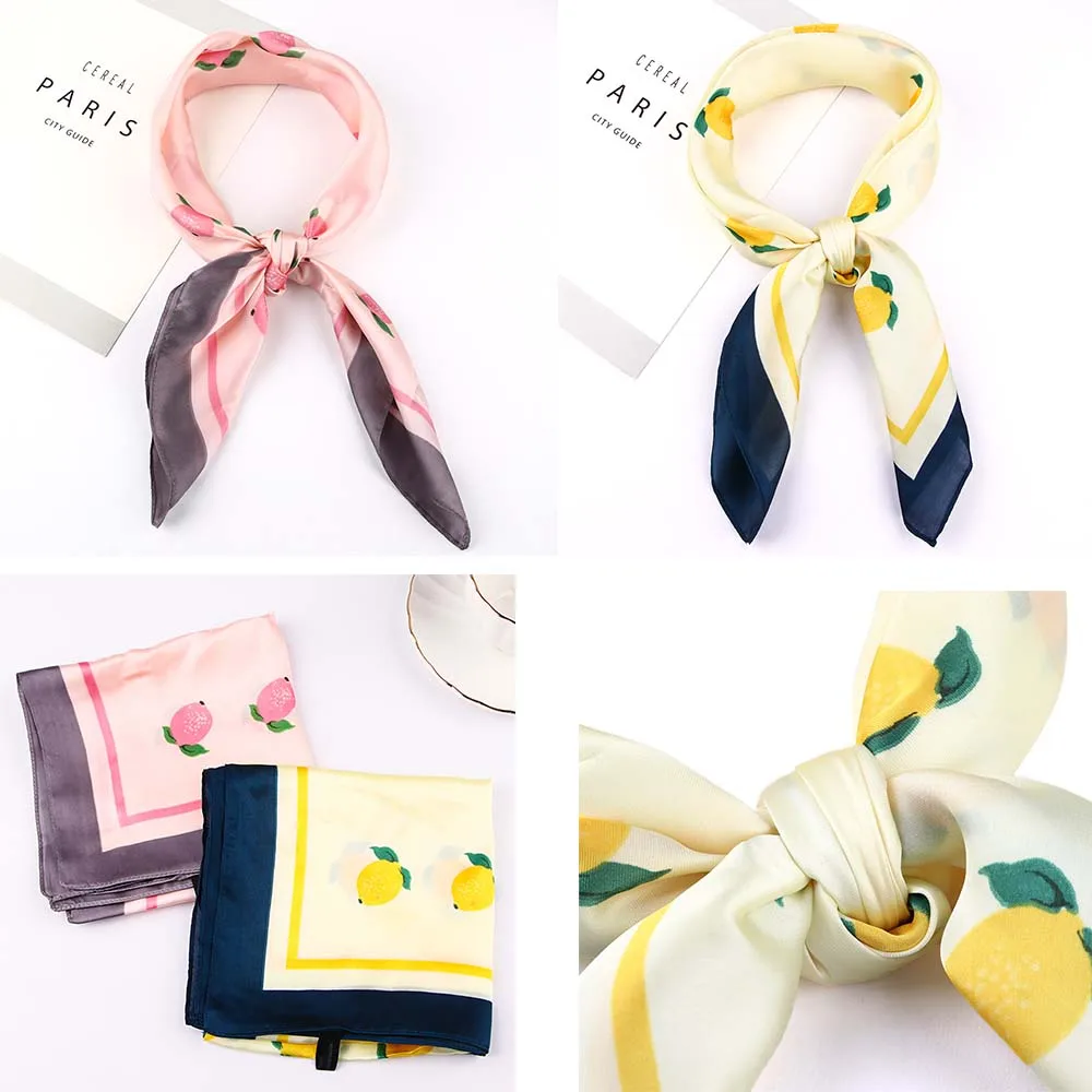 

70cm Lemon Print Design Small Square Collar Scarf Women's Neck Scarves Neckerchief Luxury Imitation Silk Scarfs Hairbands