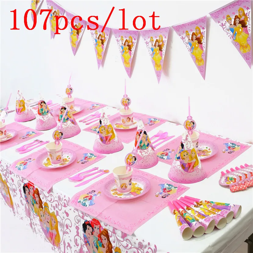 

Disney Six Princess Theme 107Pcs Cup Plate Napkin Girl Birthday Party Gift Bag Trumpet Wedding Invitation Card Decoration Supply