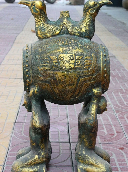 

23" Ancient Chinese Palace Bronze Gilt 2 People Lift Drum Bird Beast Head Statue