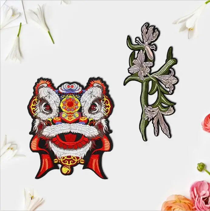 1pcs/lot Lion Dance And Flower Embroidered Iron On Patches For T-shirt Clothes Garment Applique DIY Accessory | Дом и сад