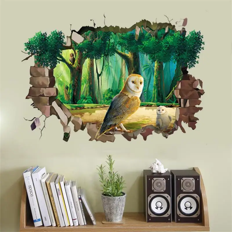 Newest 3D Owl Wall Sticker For Kids Rooms 50*70cm Cartoon Animal Owl Wall Decal Home Decor Wall Brick Pattern Art Mural Poster